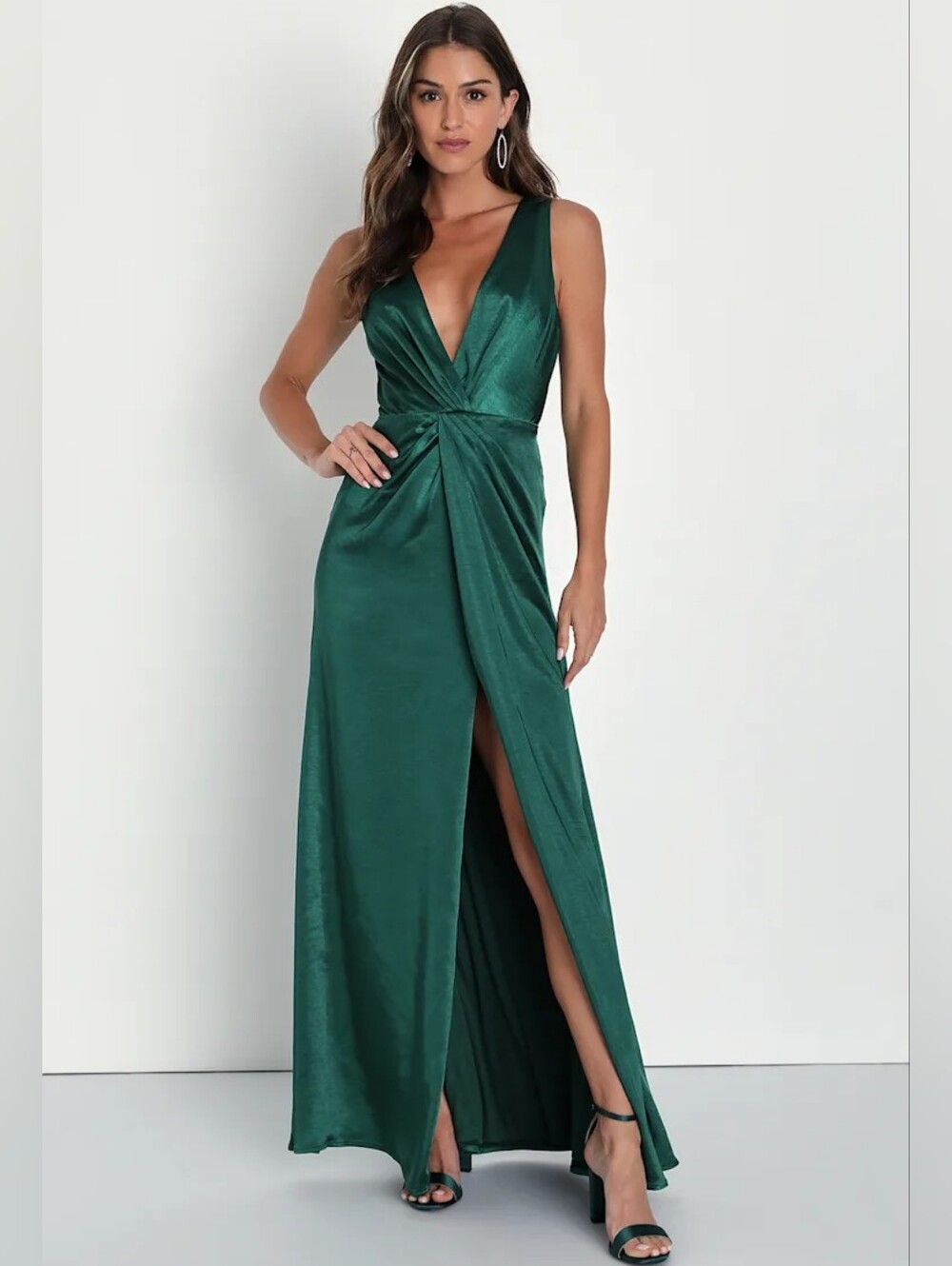 Emerald Green V-Neck Satin Dress Medium